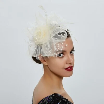 Nuevo Mujeres Pluma Flor Fascinador Sombrero Boda Fiesta Floral Malla Velo Diadema Foto 1 de 4