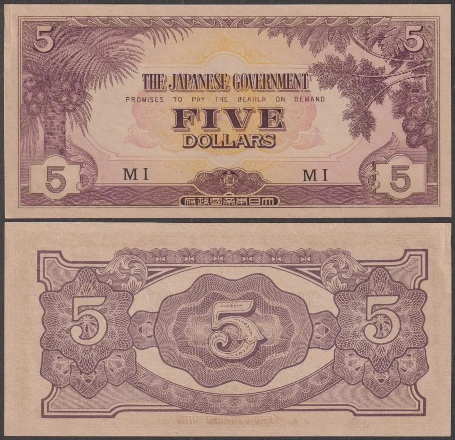 Malasia - Ocupación japonesa - Segunda Guerra Mundial, 5 dólares, ND (1942), XF-AU, P-M6 Foto 1 de 1