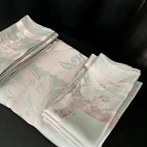 9 pcs Silver Grey Pink Floral Cotton Damask Table Cloth Napkins 60x80 Vintage - Picture 1 of 17