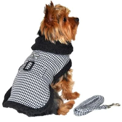 NEW Houndstooth Dog Coat | Faux Fur Collar Harness Vest & Leash Set Size X-Large