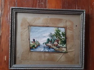 Antique Tiny Handmade Needlepoint-House, Water-Framed- Very Old, Delicate UNIQUE - Picture 1 of 7