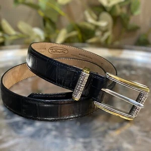 Cinturón Talbots Cuero Negro Cocodrilo Cuero Repujado Plata Oro Hebilla Talla S - Imagen 1 de 7