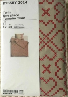 NEW Twin size Duvet Quilt Cover set Red on Beige Tan IKEA Bedroom 100% Cotton  - Image 1 of 3