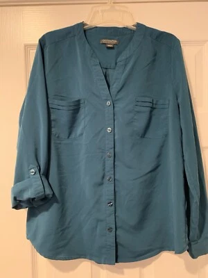 Camisa Blusa Mujer Covington Grande Verde Azul Sólida Manga Utilitaria Abotonada Foto 1 de 4