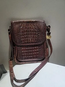 Vintage BRAHMIN Brown Genuine Leather Crocs Prints N/S Flap Crossbody Bag - Picture 1 of 11