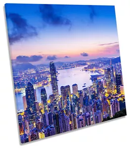 Hong Kong City Harbour Sunset SQUARE BOX FRAMED CANVAS ART Print - Picture 1 of 1