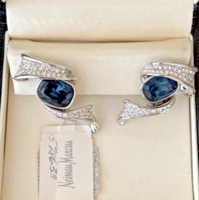 NWT Neiman Marcus Costume Blue Stone & Crystal Evening Dress Clip on Earrings 2" - Image 1 of 4