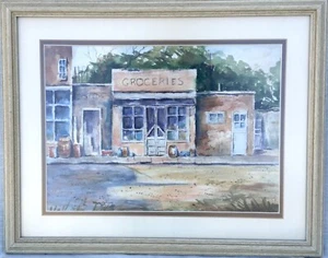 Gerahmtes Aquarell Gemälde einer Altstadt von Texas, von Mary Wiley 20" x 15" - Bild 1 von 4