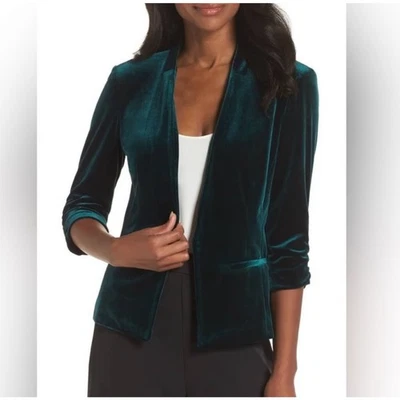 Eliza J Lined Velvet Blazer Jacket Hunter Green 3/4 Ruched Sleeves Women's Small - Image 1 of 4