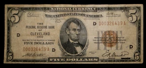 SERIES OF 1929 $5 THE FEDERAL RESERVE BANK OF CLEVELAND OHIO NATIONAL CURRENCY - Picture 1 of 2