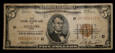 SERIES OF 1929 $5 THE FEDERAL RESERVE BANK OF CLEVELAND OHIO NATIONAL CURRENCY - Image 1 of 2