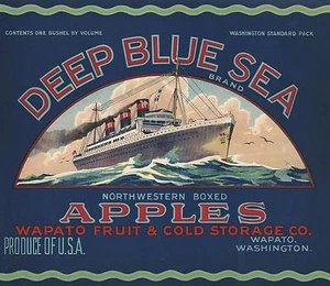 RARE OLD ORIGINAL 1920'S BLUE "DEEP BLUE SEA BRAND" LABEL ART WAPATO WASHINGTON - Picture 1 of 1
