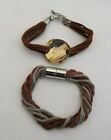 FACETED CIRCULAR BEAD ON A 6 CORD BROWN LEATHER & BROWN/GREY TWIST 7" BRACELETS 