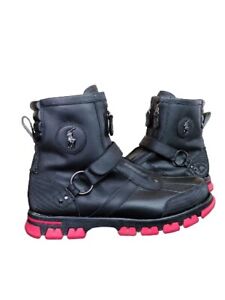 Polo Ralph Lauren Conquest Hi II Boots Mens Motorcycle Riding Black Red Size 12D