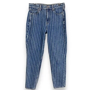American Eagle Mom Jeans Striped Women Size 6 Tapered Ankle Leg Blue White Denim - Picture 1 of 11