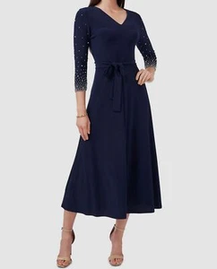 Msk Women's Navy Blue Bead Embellished Sleeve Midi V Neck Shift Dress Size M - Picture 1 of 1