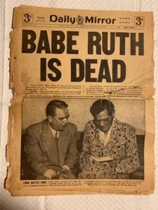Babe RUTH New York Daily Mirror ORIGINAL Yankees 1948 Periódico ORIGINAL - Imagen 1 de 8