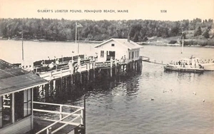 Gilbert's Lobster Pound aragosta baracca barche molo Pemaquid Beach, ME cartolina d'epoca - Foto 1 di 2