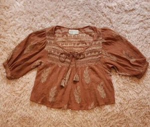 DAUGHTERS OF INDIA TOP Block Print Lurex Thread Puff Sleeves M - Picture 1 of 8