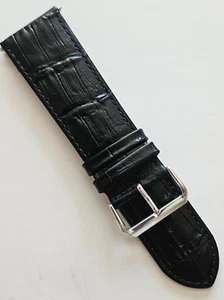 26mm / Long - Black Bamboo Pattern Leather Watch Band - (Silver Buckle / w pins) - Picture 1 of 4