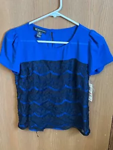 I•N•C International Concepts Goddess Blue Blouse w/Black Lace Women's Size 2P - Picture 1 of 5