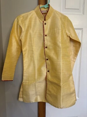 Chint Talla 8 Mezcla de Seda Amarillo Sangeet Indo Jacquard Étnico Kurta Foto 1 de 4