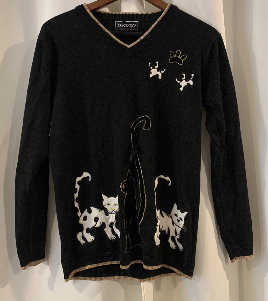 Terazzo Embroidered Cat Paws Sweater Cotton Blend Women Size S Black Multicolor - Image 1 of 4