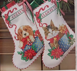 Cross Stitch Pattern Furry Friends PUPPY and KITTEN STOCKING Christmas Gift Box - Picture 1 of 8