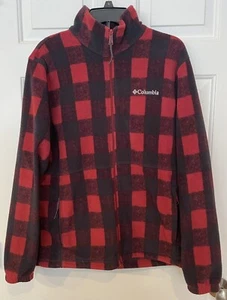 COLUMBIA Men’s Fleece Full Zip Jacket Size Medium Red/Black Check Plaid - Picture 1 of 6