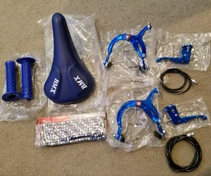 NEW BLUE BMX LOGO BICYCLE SEAT,TRIANGLE GRIPS, 2 HANDBRAKES & CHAIN - Picture 1 of 5