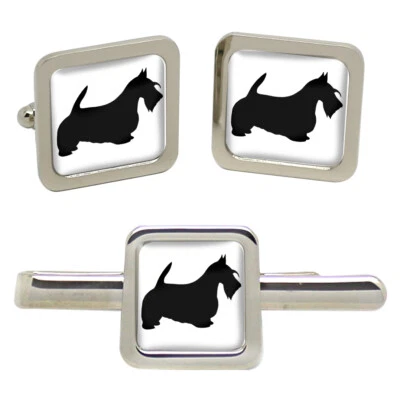 Scozzese Terrier Silhouette Quadrato Gemelli E Fermacravatta Set - Immagine 1 di 4
