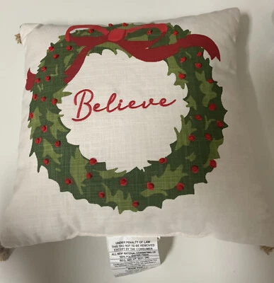 🔰 Threshold Believe' Wreath Square Christmas Throw Pillow w/Tassels Ivory - Image 1 of 4