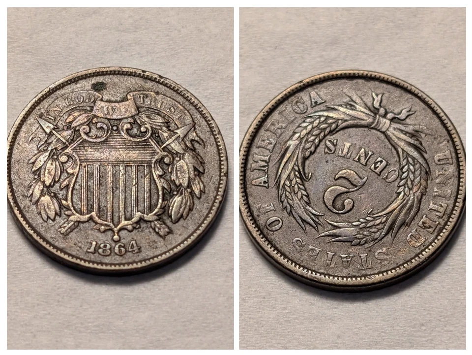 1864 Major Die Rotation Error  2 Cent Piece - Image 1 of 4