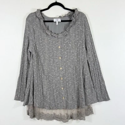 Cárdigan suéter OSO informal gris suelto tejido encaje ribete dobladillo para mujer talla 1X Foto 1 de 4