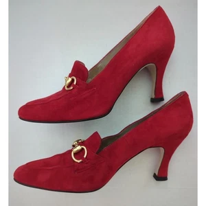 Lord & Taylor Red Velvet Leather 3" heels Gold Buckle Accents Women's Size 7.5 - Picture 1 of 9