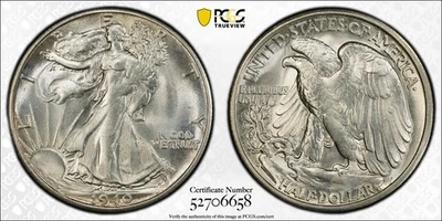1940-S Silver Walking Liberty Half Dollar PCGS MS65 - Lustrous, Blast White Gem - Image 1 of 4