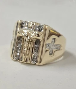Vintage Estate Sale 10k Gold Natural Diamond Crucifix Cross Mens Ring Two Tone - Picture 1 of 11
