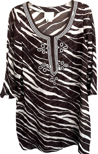 Abito donna Kate Spade grande marrone bianco stampa zebrata seta lino tunica boho