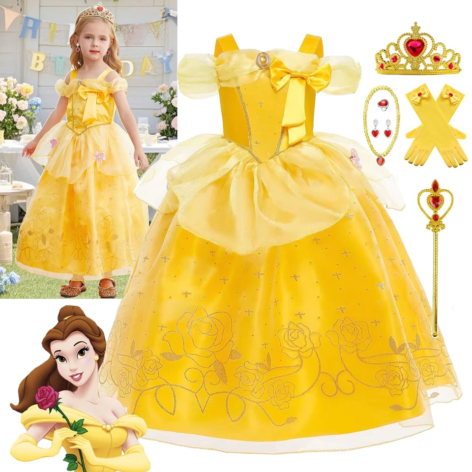 Girls Belle Fancy Dress up Cosplay Costume Party Princess Birthday Outfit Gifts - Image 1 of 4