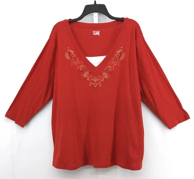 Camisa Top Basic Editions para Mujer Talla 2X Naranja Quemado Cuentas Crocket Manga 3/4 Foto 1 de 4