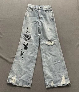 Playboy by Pacsun Damenjeans 25 blau Denim Club distressed weites Bein Baggy neu ohne Etikett - Bild 1 von 14