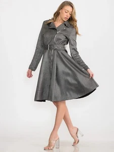 Charcoal Long Sleeve Midi Dress Size Medium Belted Zipper Closure Jacket Dress - Picture 1 of 4