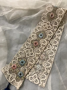 Antique 1920s - 30s Embroidered Silk and Cotton Lace with Blue Tassel - Picture 1 of 10