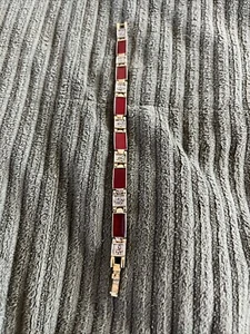 GOLD TONE 7" BRACELET RED PANELS - Picture 1 of 4