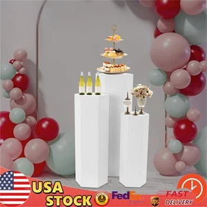 Set of 3 Hexagonal Display Pedestal Wedding Party Cake Flower Stand Pillar White - Picture 1 of 10