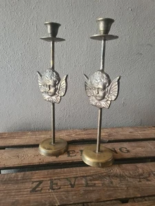 2 candelabros antiguos de latón ángel vintage candelabro putten metal antiguo - Imagen 1 de 10