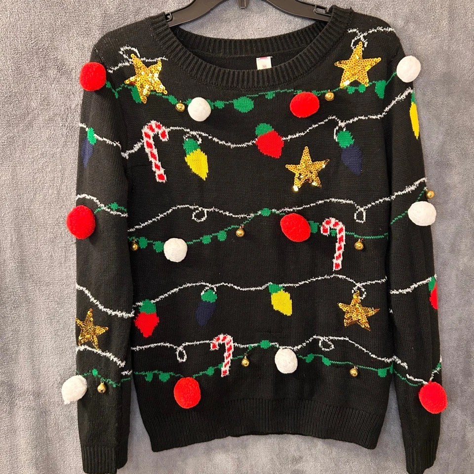 Mujeres Navidad Ligero Feo Suéter L Negro Pom Campana Bastón de Caramelo Estrellas Foto 1 de 4