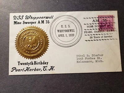 USS Whippoorwill Am-35 Cubierta Naval 1939 NACE Sello de Oro Aniversario Cachet Foto 1 de 2