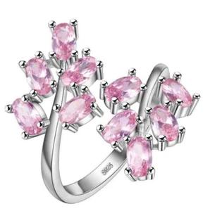 Valentine's Jewelry Gift Lady Genuine Pink Topaz Silver Flower Adjustable Ring - Picture 1 of 6