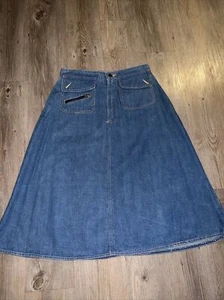 70s HIPPIE VINTAGE UNIQUE Denim Midi Jean Skirt Front Pockets Size 28.5” Waist - Picture 1 of 14